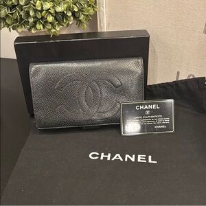 CHANEL Black Caviar Leather Wallet with Box Dust Cover & Authenticity Card